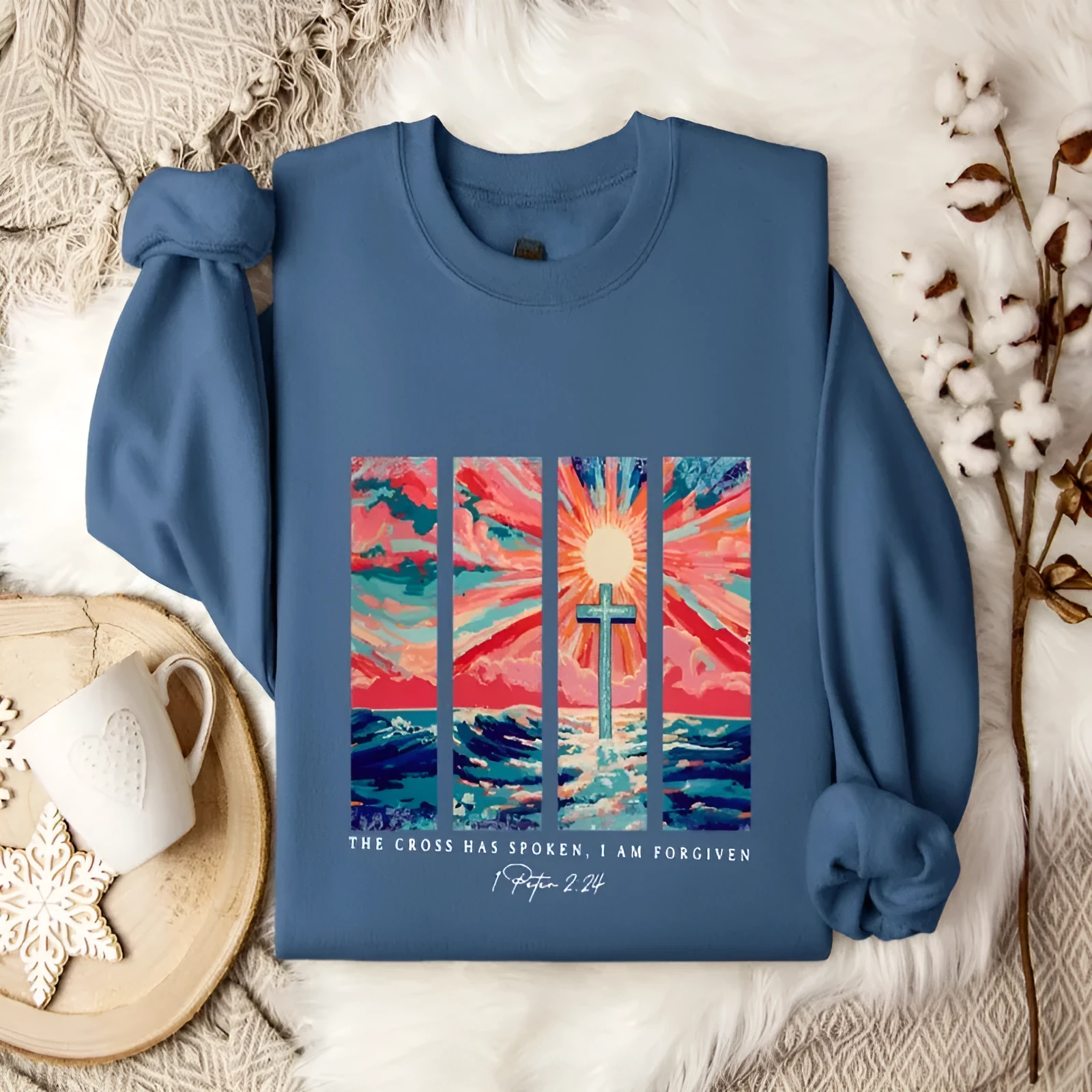 Blue plus size printed sweater with drop shoulder sleeves and loose fit street fashion design