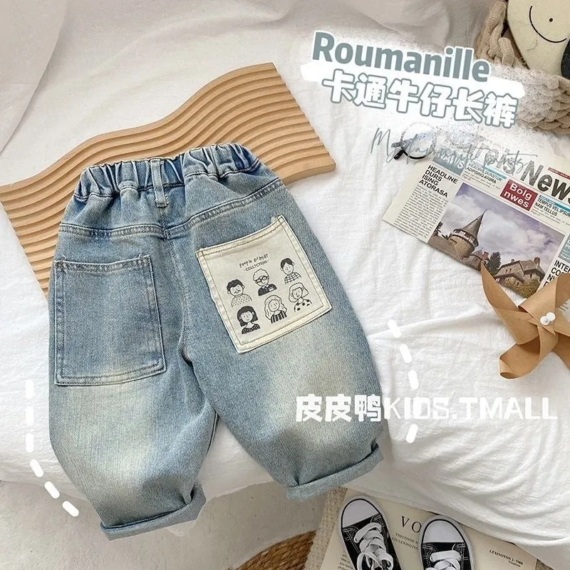 Light-coloured boys denim jeans with printed back pocket and elastic waist, front view