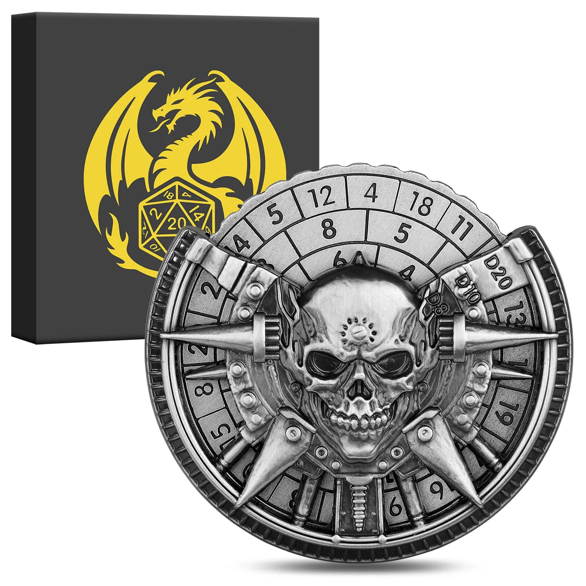 Skeleton metal wheel dice gift box with bronze D20 and D10 dice on a dark tabletop