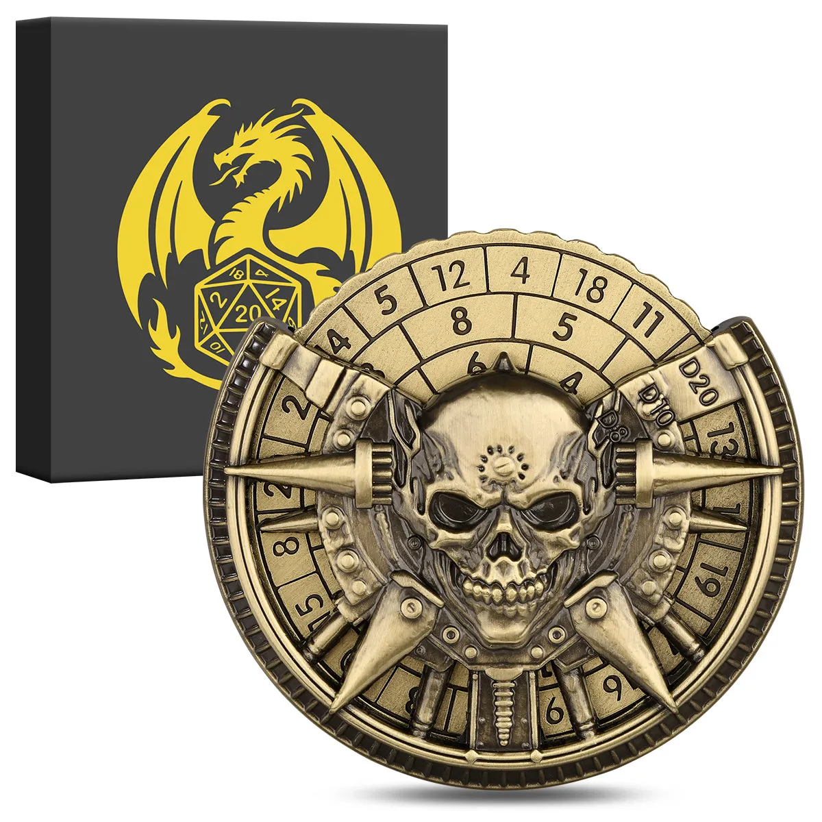 Skeleton metal wheel dice gift box with bronze D20 and D10 dice on a dark tabletop