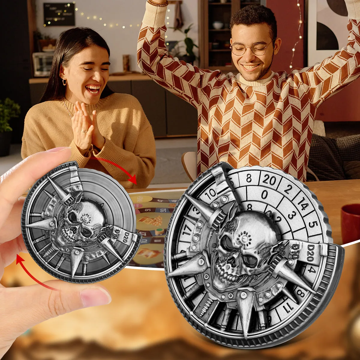 Skeleton metal wheel dice gift box with bronze D20 and D10 dice on a dark tabletop