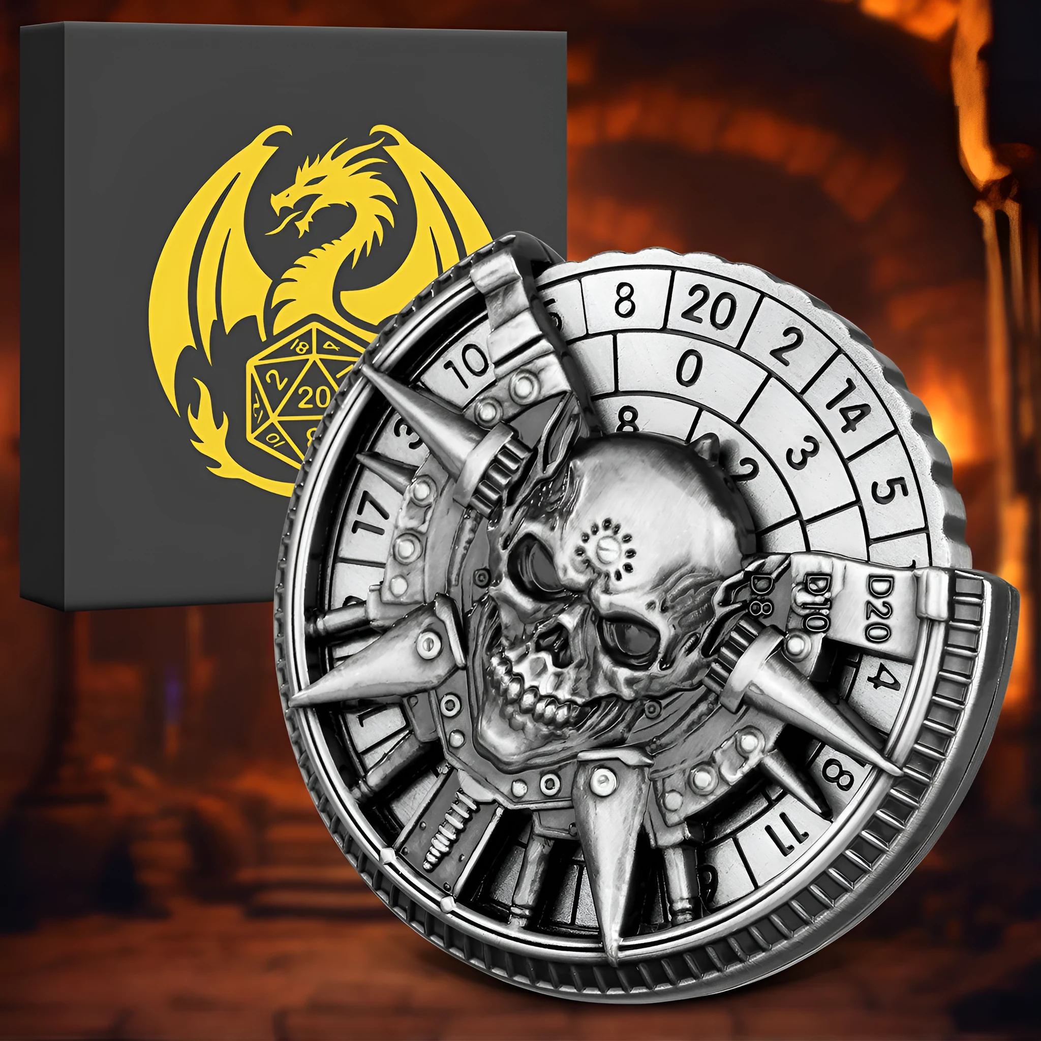 Skeleton metal wheel dice gift box with bronze D20 and D10 dice on a dark tabletop