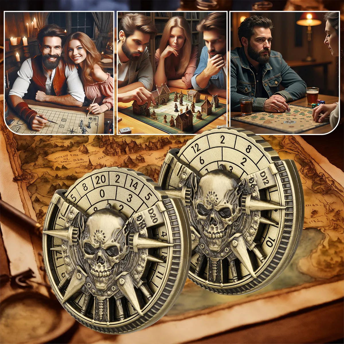 Skeleton metal wheel dice gift box with bronze D20 and D10 dice on a dark tabletop