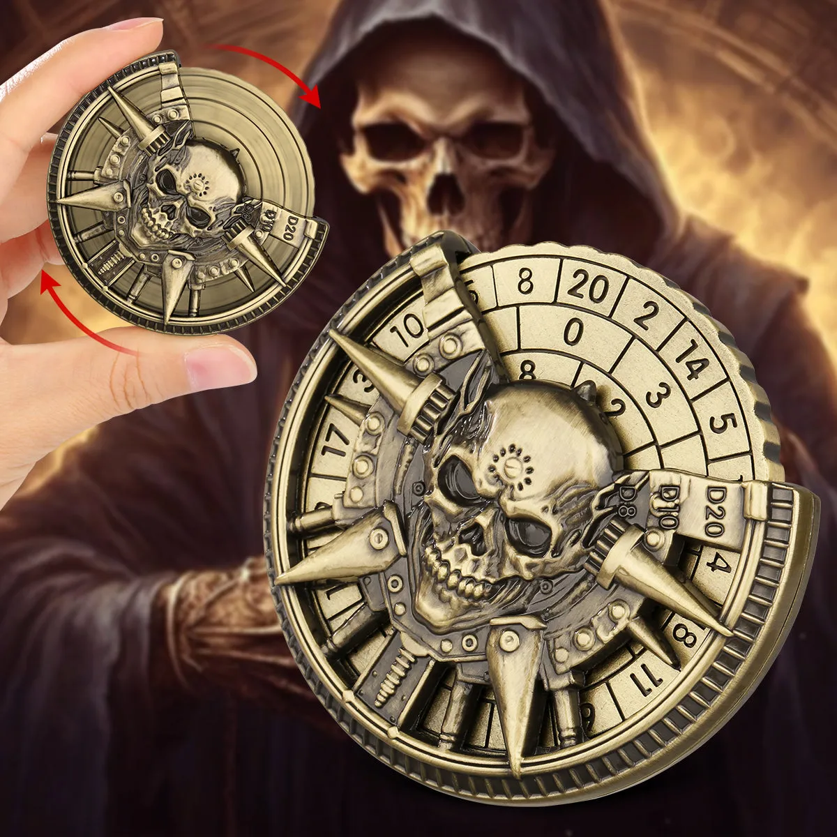 Skeleton metal wheel dice gift box with bronze D20 and D10 dice on a dark tabletop