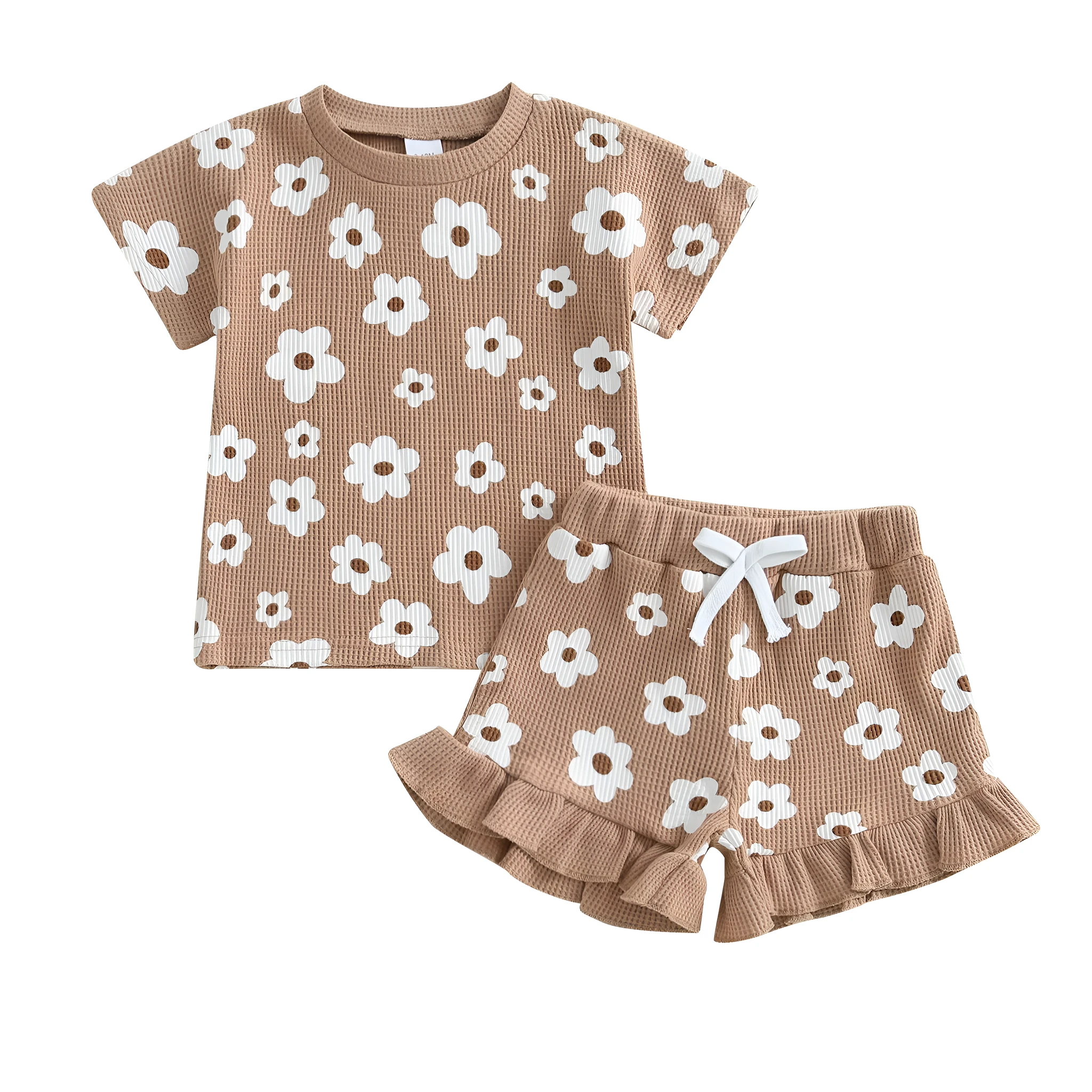 Baby girls printed round neck short sleeve shorts suit in four colours - brown, green, pink, purple - polyester blouse and pants set