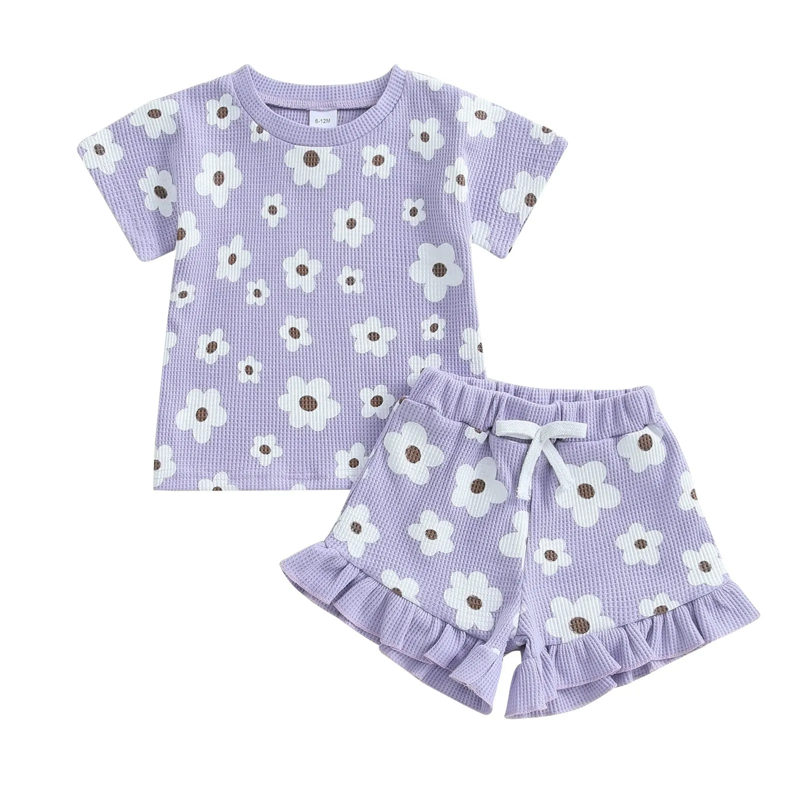 Baby girls printed round neck short sleeve shorts suit in four colours - brown, green, pink, purple - polyester blouse and pants set