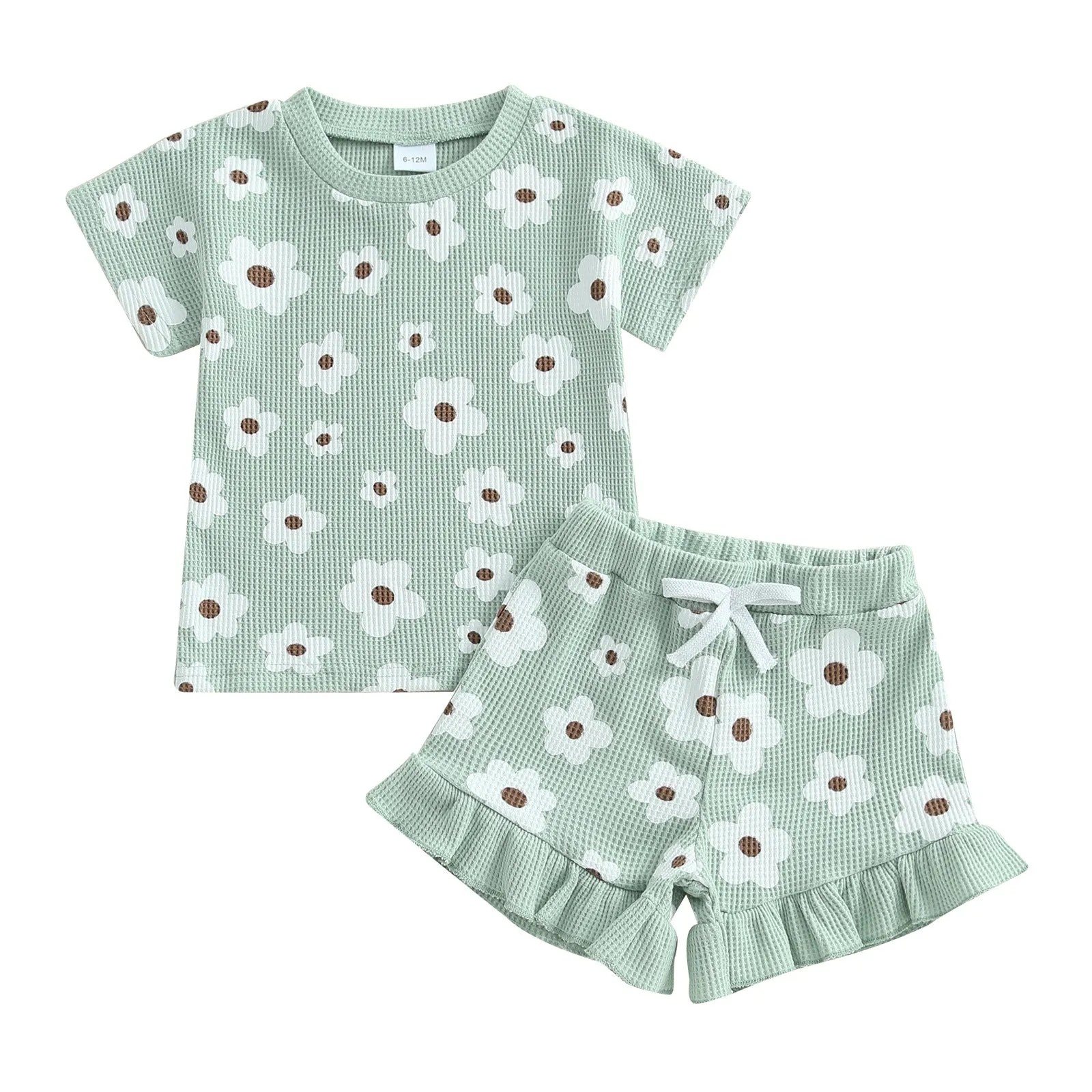 Baby girls printed round neck short sleeve shorts suit in four colours - brown, green, pink, purple - polyester blouse and pants set