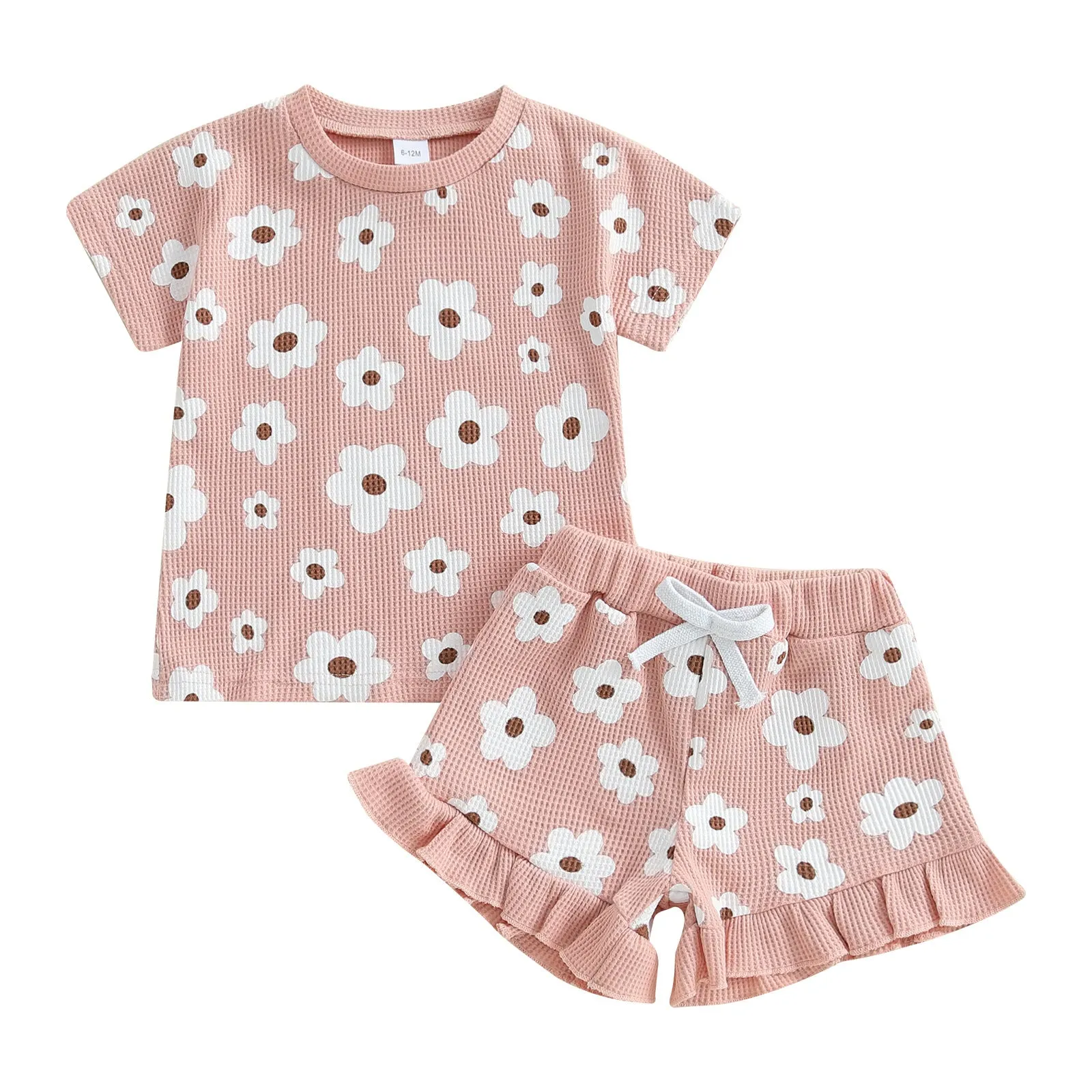 Baby girls printed round neck short sleeve shorts suit in four colours - brown, green, pink, purple - polyester blouse and pants set