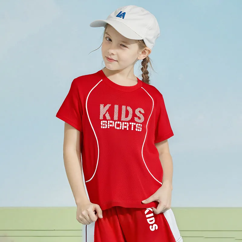 Children short-sleeved sportswear set with letter print, polyester blend, available in multiple colours for boys and girls