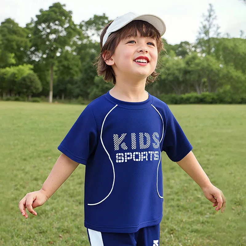 Children short-sleeved sportswear set with letter print, polyester blend, available in multiple colours for boys and girls