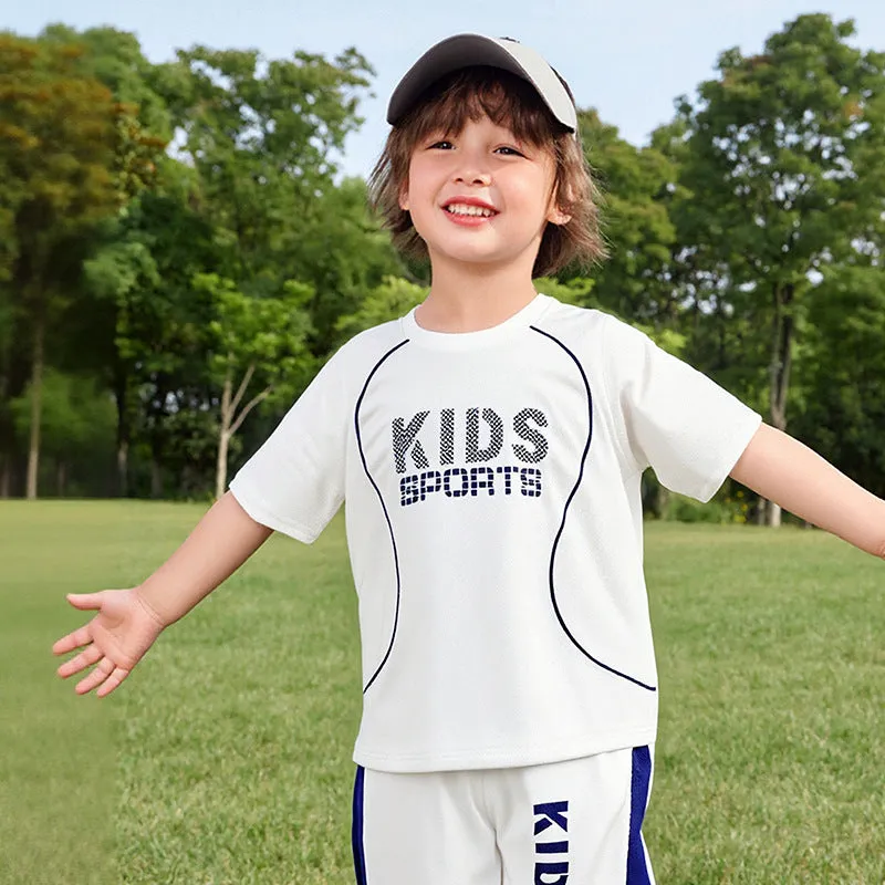 Children short-sleeved sportswear set with letter print, polyester blend, available in multiple colours for boys and girls