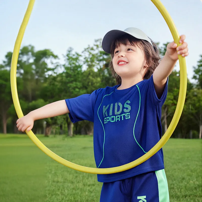Children short-sleeved sportswear set with letter print, polyester blend, available in multiple colours for boys and girls