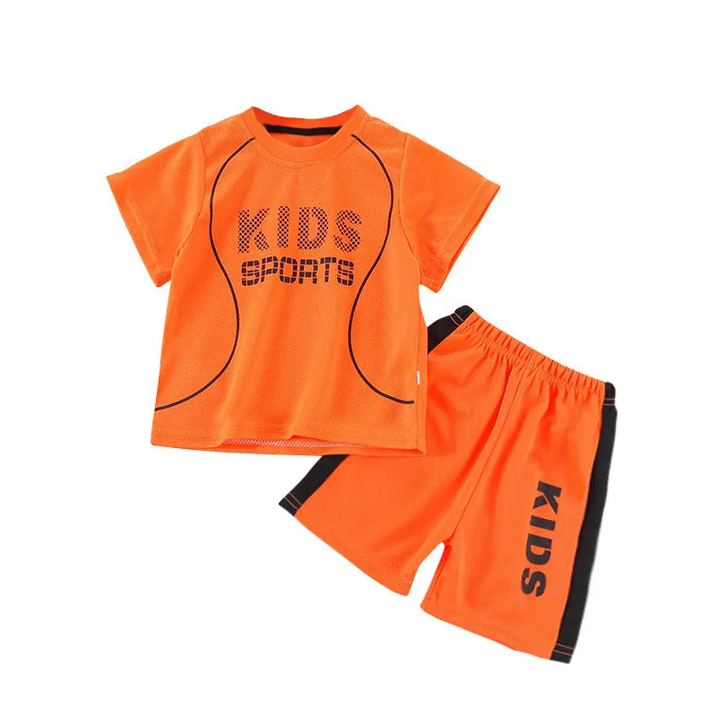 Children short-sleeved sportswear set with letter print, polyester blend, available in multiple colours for boys and girls