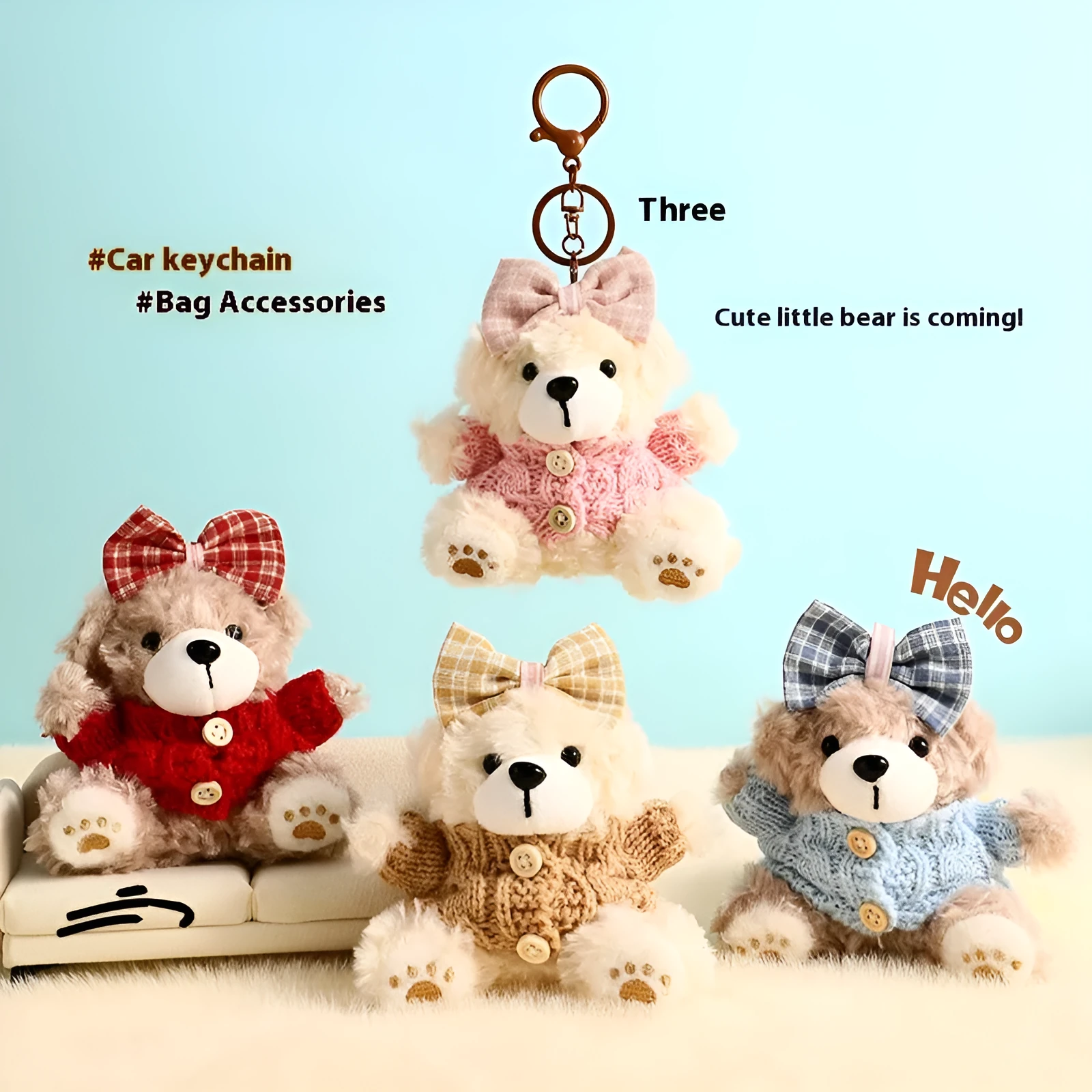 Plush biscuit bear keychain pendant with coloured bow on a soft teddy bear design