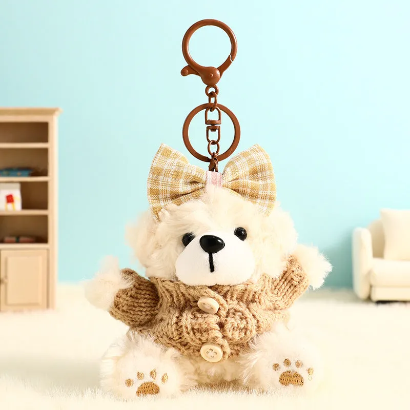 Plush biscuit bear keychain pendant with coloured bow on a soft teddy bear design