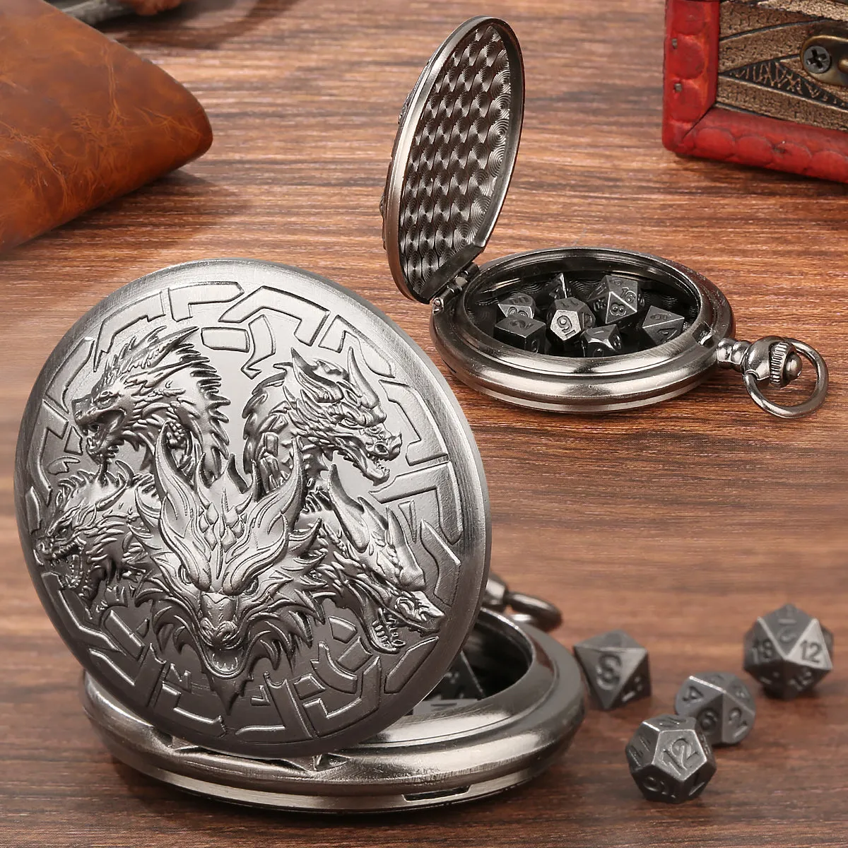 Retro pocket watch shaped zinc alloy dice set with seven polyhedral dice in bronze finish