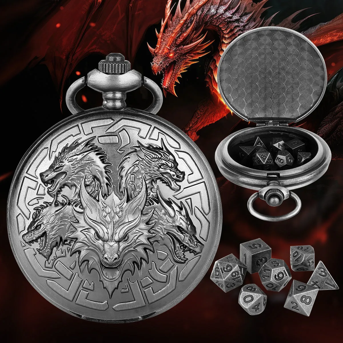 Retro pocket watch shaped zinc alloy dice set with seven polyhedral dice in bronze finish