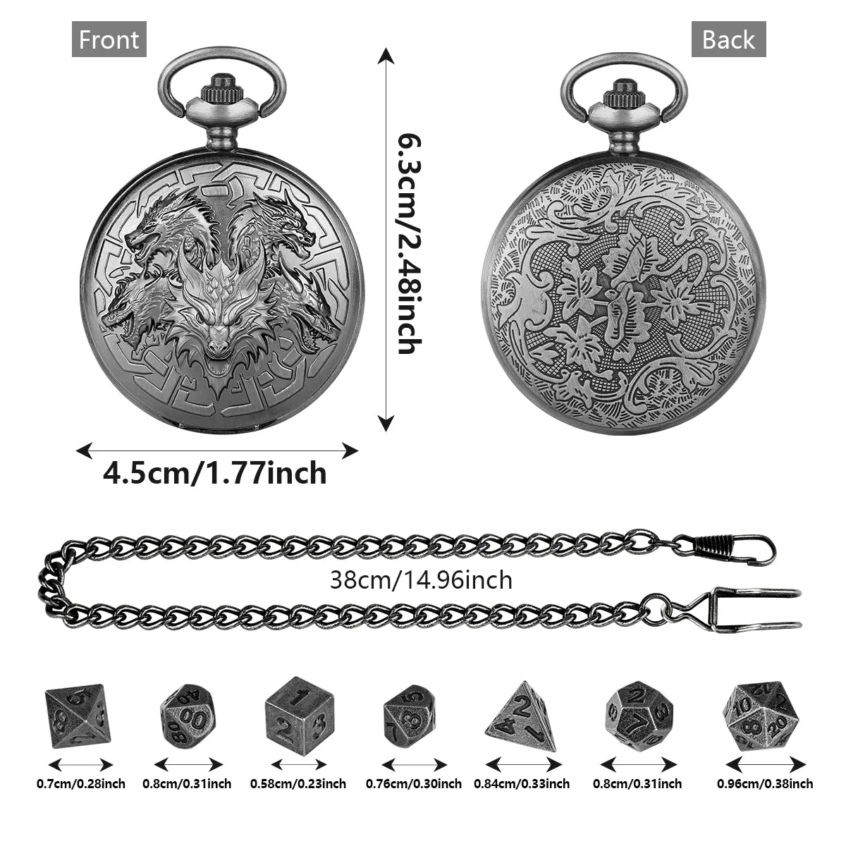 Retro pocket watch shaped zinc alloy dice set with seven polyhedral dice in bronze finish