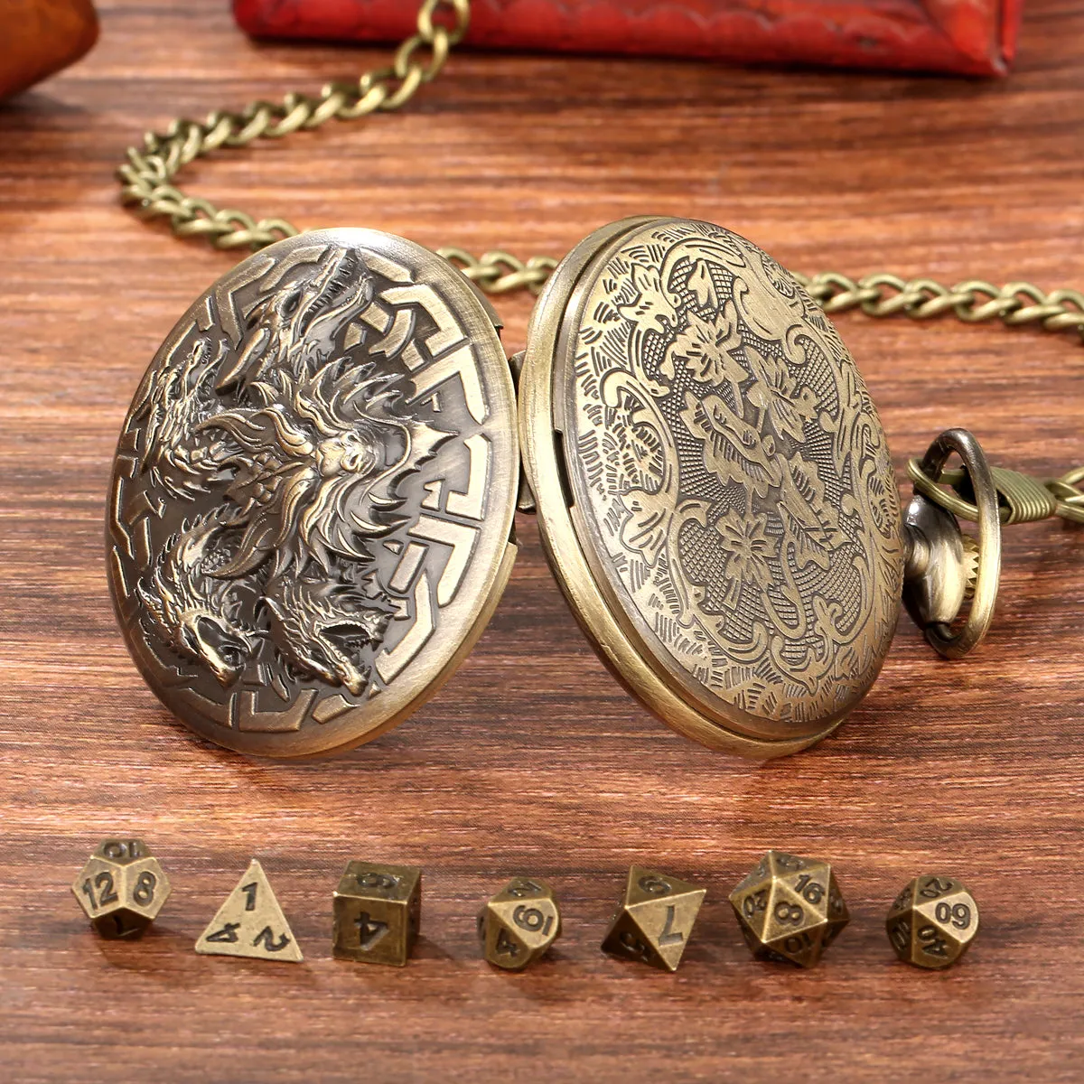 Retro pocket watch shaped zinc alloy dice set with seven polyhedral dice in bronze finish