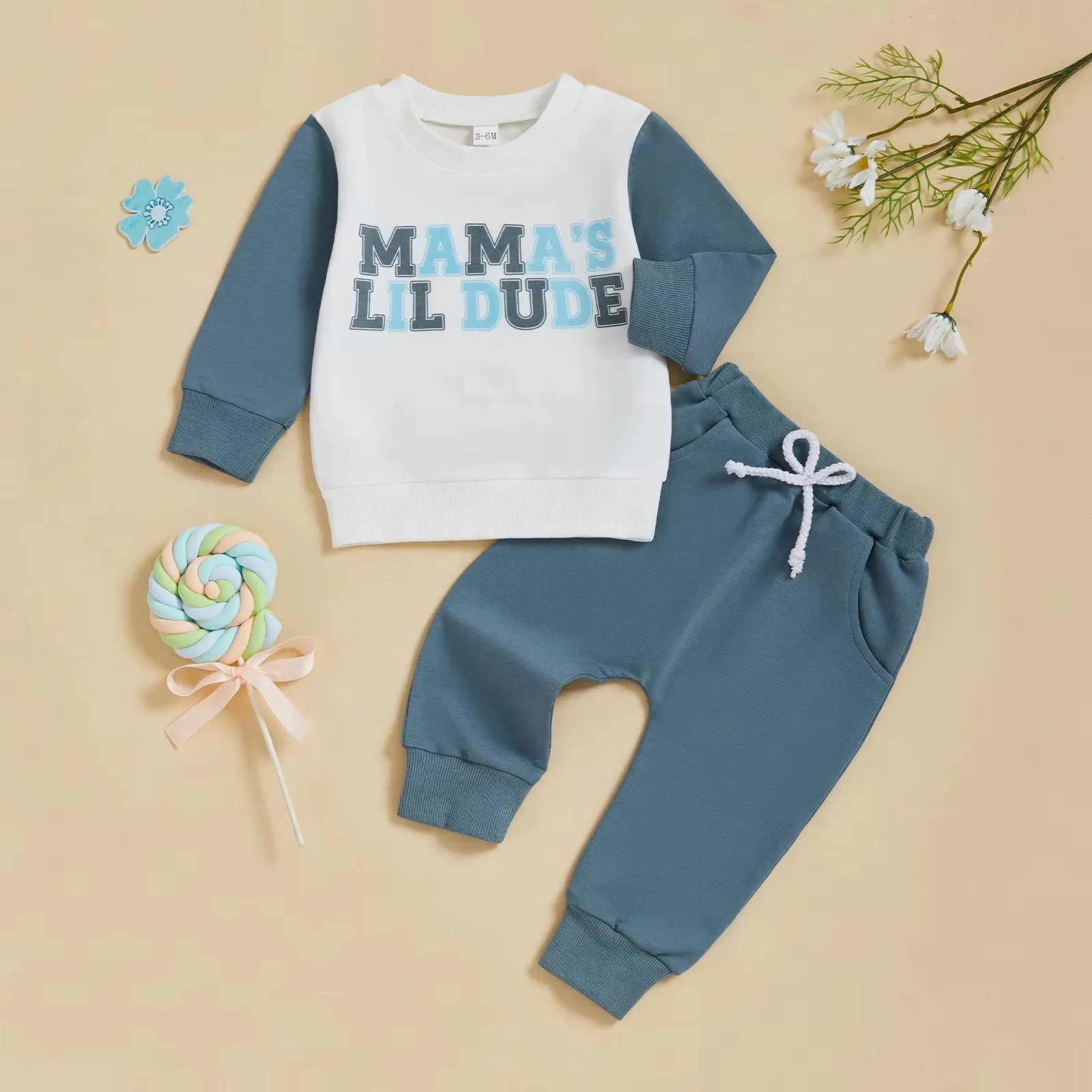 Boys' cotton printed sweater suit in sky blue, two-piece set with trousers