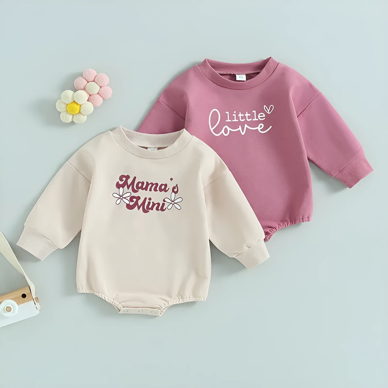Girls' long-sleeved cotton top with letter flower print in apricot, hide hook closure, front view