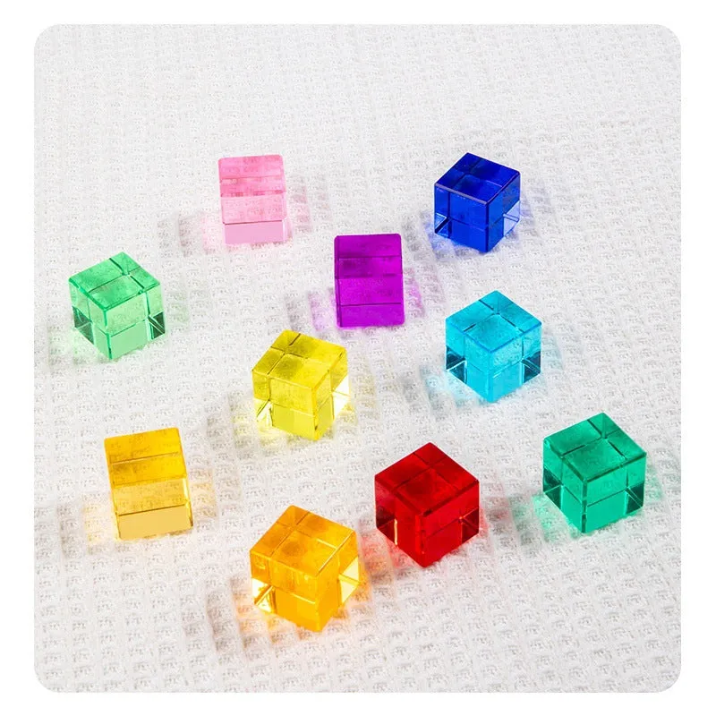 Wooden building block set with clear acrylic high permeability tiles on a tray, 29cm square