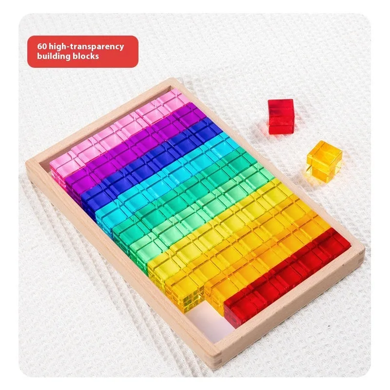 Wooden building block set with clear acrylic high permeability tiles on a tray, 29cm square