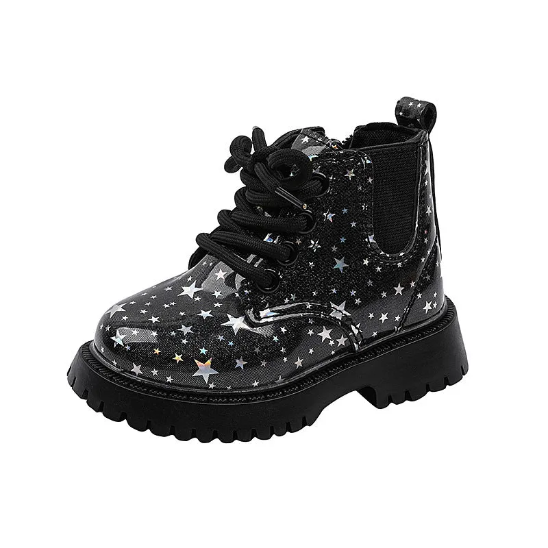 Girls short low top PVC children's boots in black with side zipper and non-slip sole