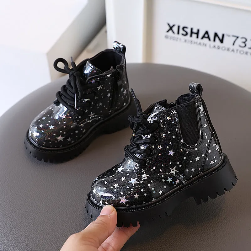 Girls short low top PVC children's boots in black with side zipper and non-slip sole