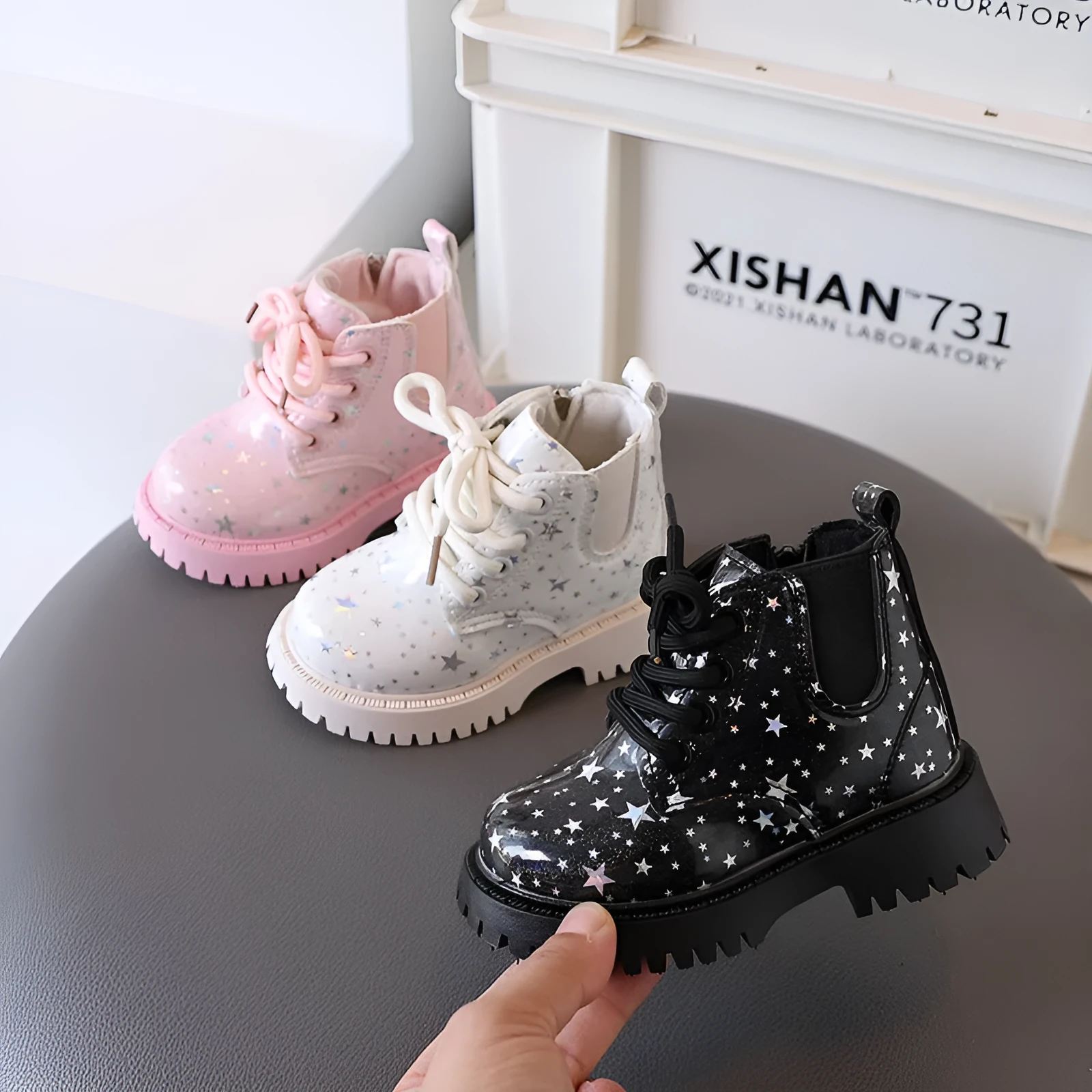 Girls short low top PVC children's boots in black with side zipper and non-slip sole