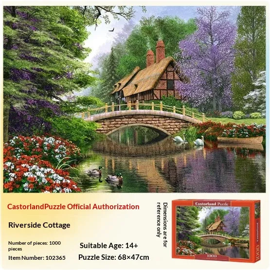 Castorland jigsaw puzzle box with landscape scene of a riverside mill, 500 pieces, made in Europe