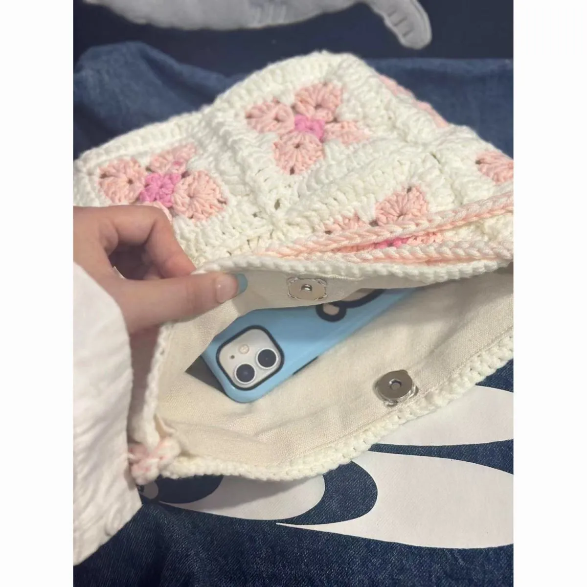 Handmade cotton crochet cherry blossom handbag with magnetic closure in green or pink colour