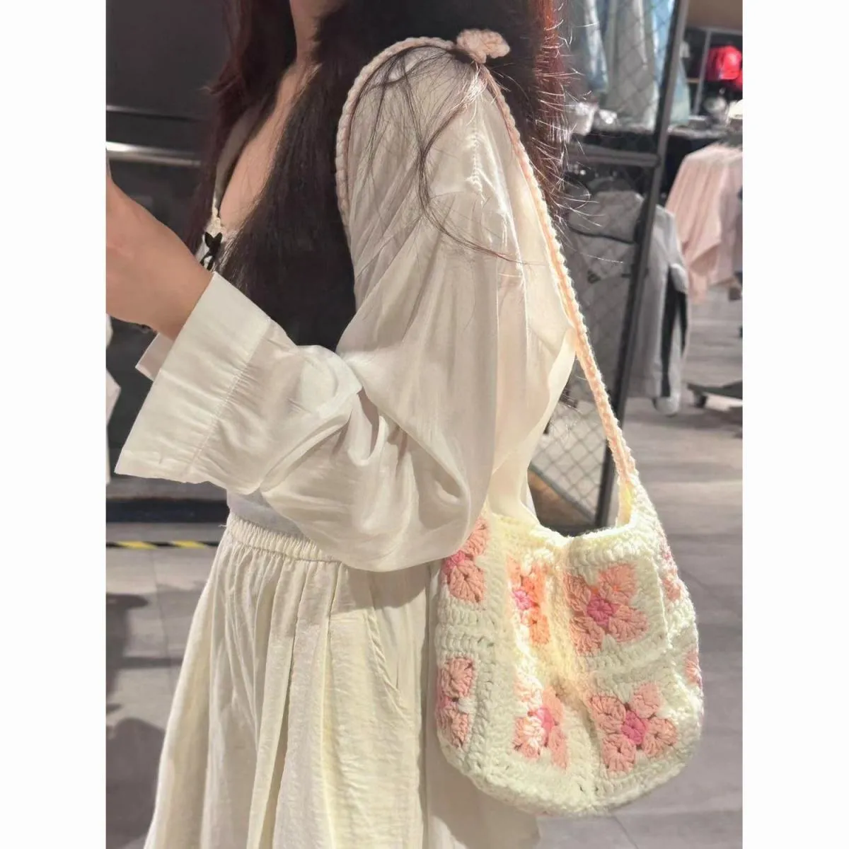 Handmade cotton crochet cherry blossom handbag with magnetic closure in green or pink colour