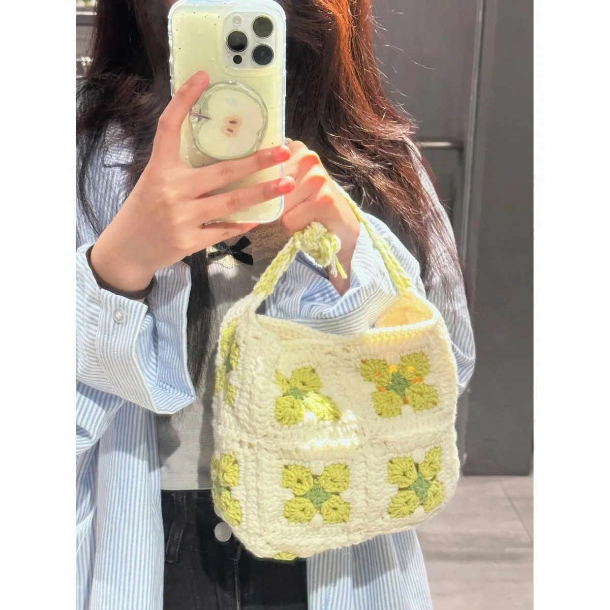 Handmade cotton crochet cherry blossom handbag with magnetic closure in green or pink colour