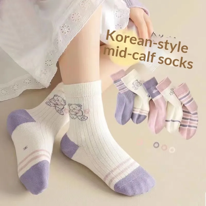 Pack of five children's cotton mid-calf socks with lace detail in Baby Bear, Rainbow Pony, and Leopard Bear colourways