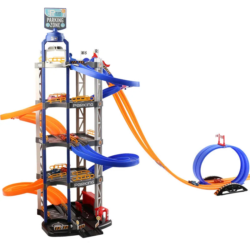 Two-lane competition 5-storey 8-car parking lot toy in plastic with electric manual dual mode, English version T705