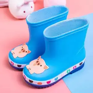Children's waterproof PVC dinosaur shoes with thickened flexed sole, blue design, low-top unisex boots for preschool kids