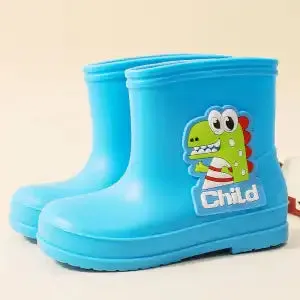 Children's waterproof PVC dinosaur shoes with thickened flexed sole, blue design, low-top unisex boots for preschool kids