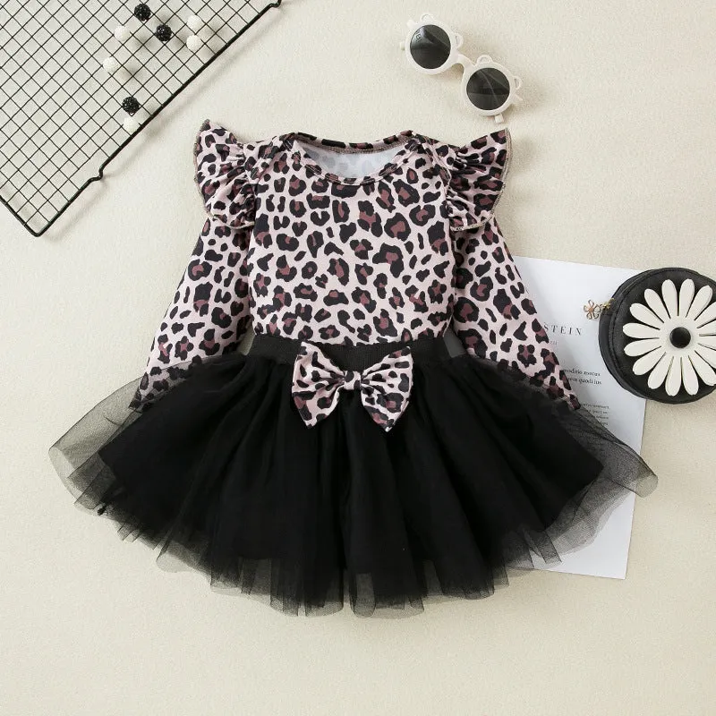 Baby girls' leopard print flounced sleeve mesh dress set long sleeve pullover pink black
