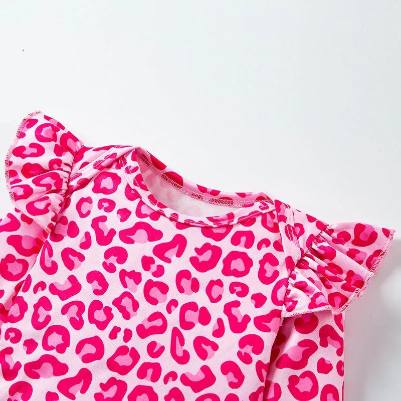 Baby girls' leopard print flounced sleeve mesh dress set long sleeve pullover pink black