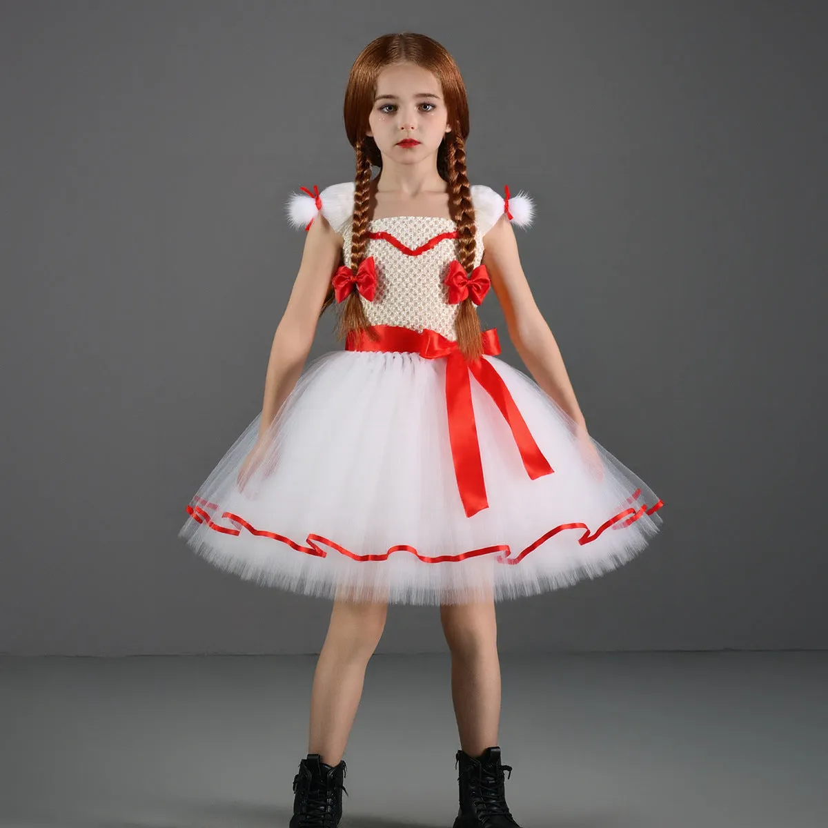 Children's white ghost doll costume dress with skirt bow barrettes and hair clips, Halloween cosplay