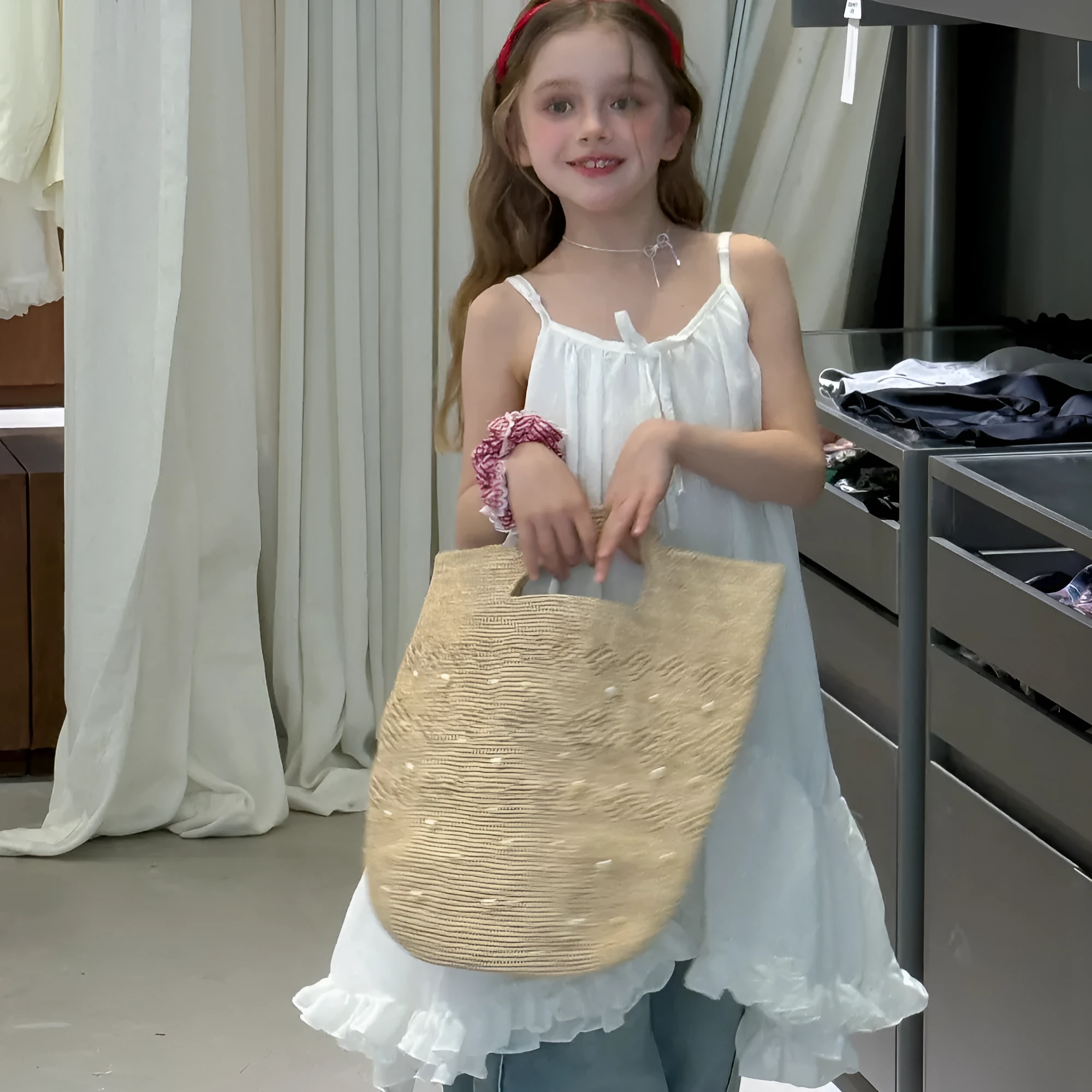 White summer Japanese suspender dress with cotton lining and lace trim for girls, sling style, available in heights from 90cm to 150cm