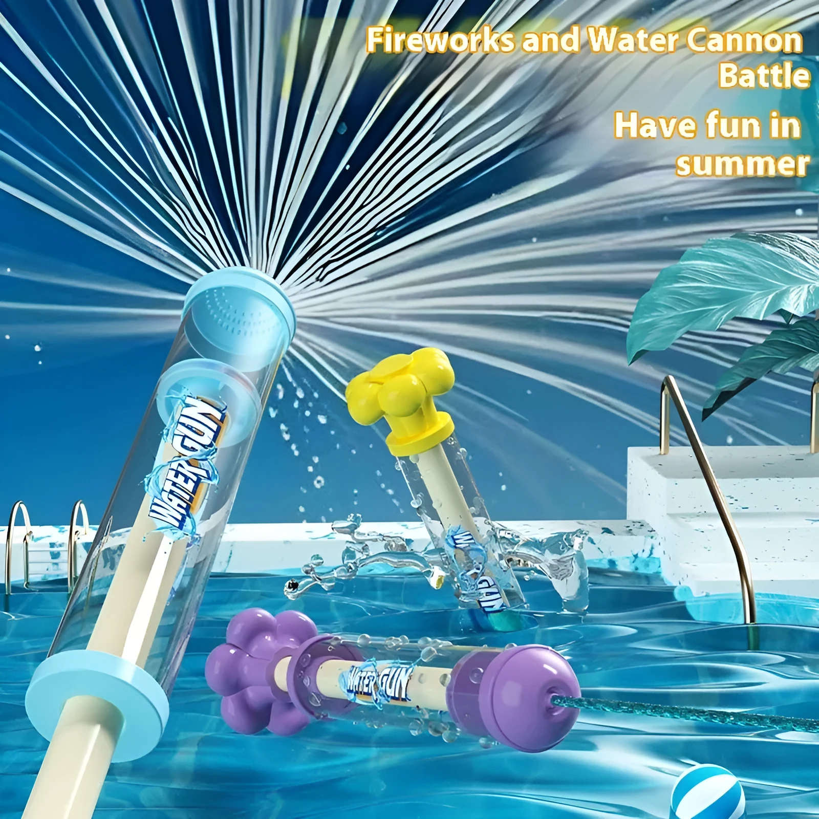 Plastic pull-out children's toy water pistol 27cm single tube water monitor in blue fireworks shape