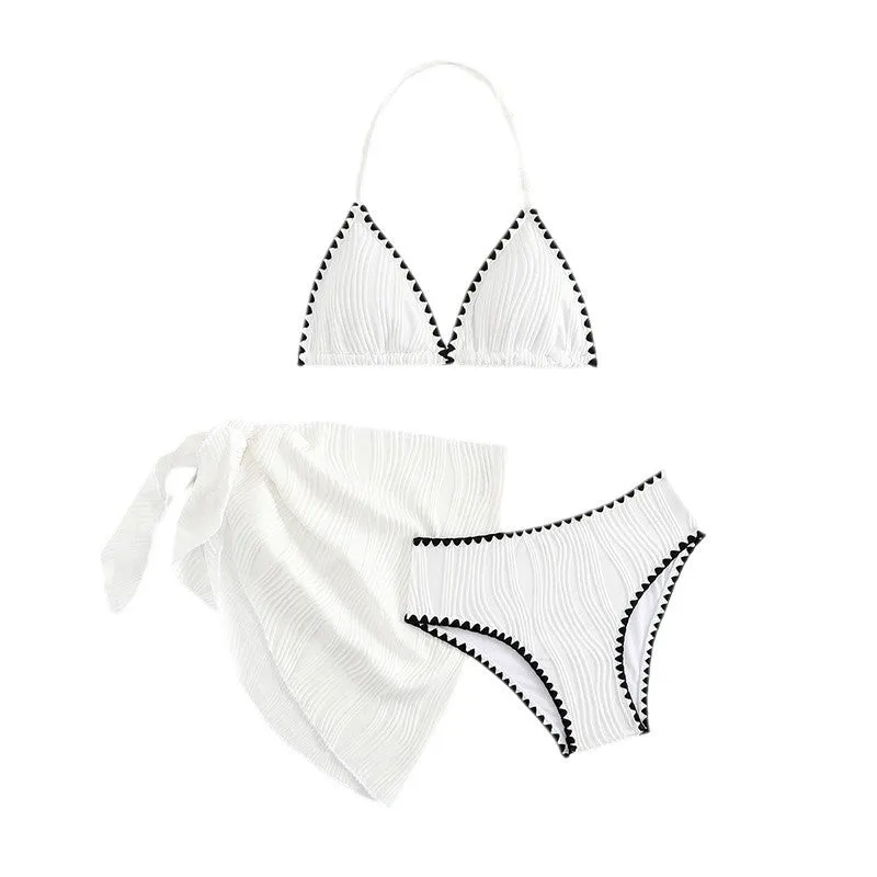 Girls white three-piece solid colour swimsuit set top pants and skirt for beach pool ages 8 to 12