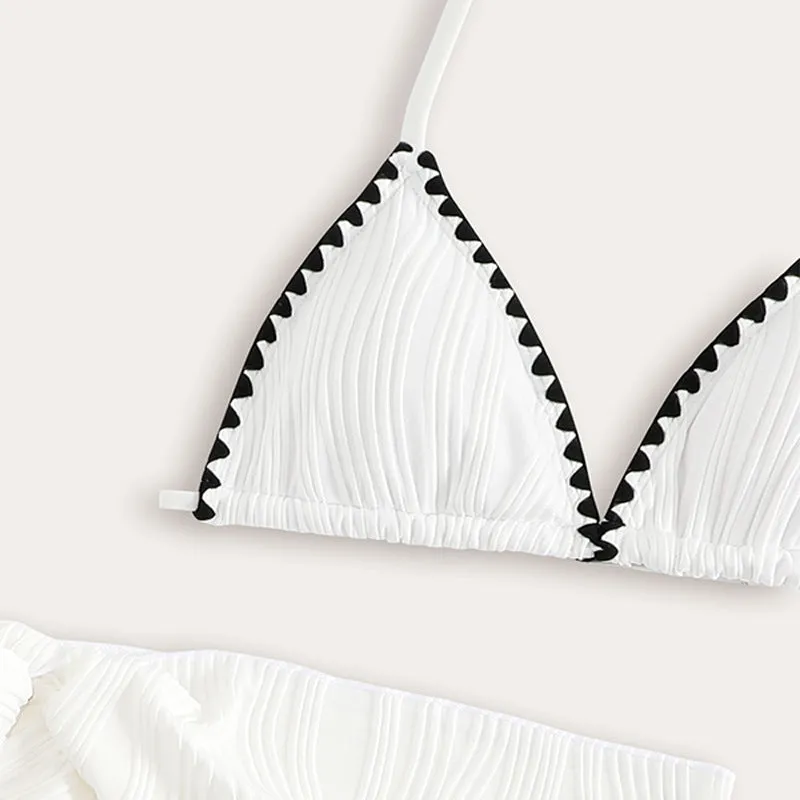 Girls white three-piece solid colour swimsuit set top pants and skirt for beach pool ages 8 to 12