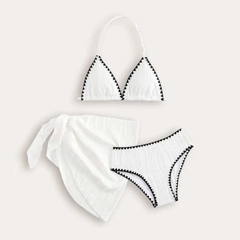 Girls white three-piece solid colour swimsuit set top pants and skirt for beach pool ages 8 to 12