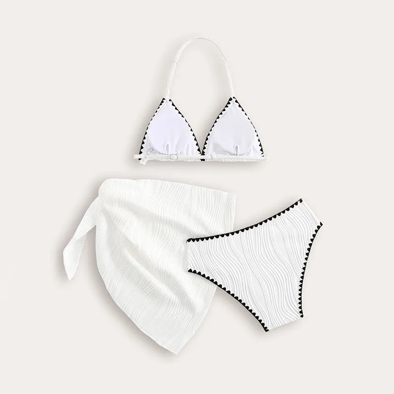 Girls white three-piece solid colour swimsuit set top pants and skirt for beach pool ages 8 to 12