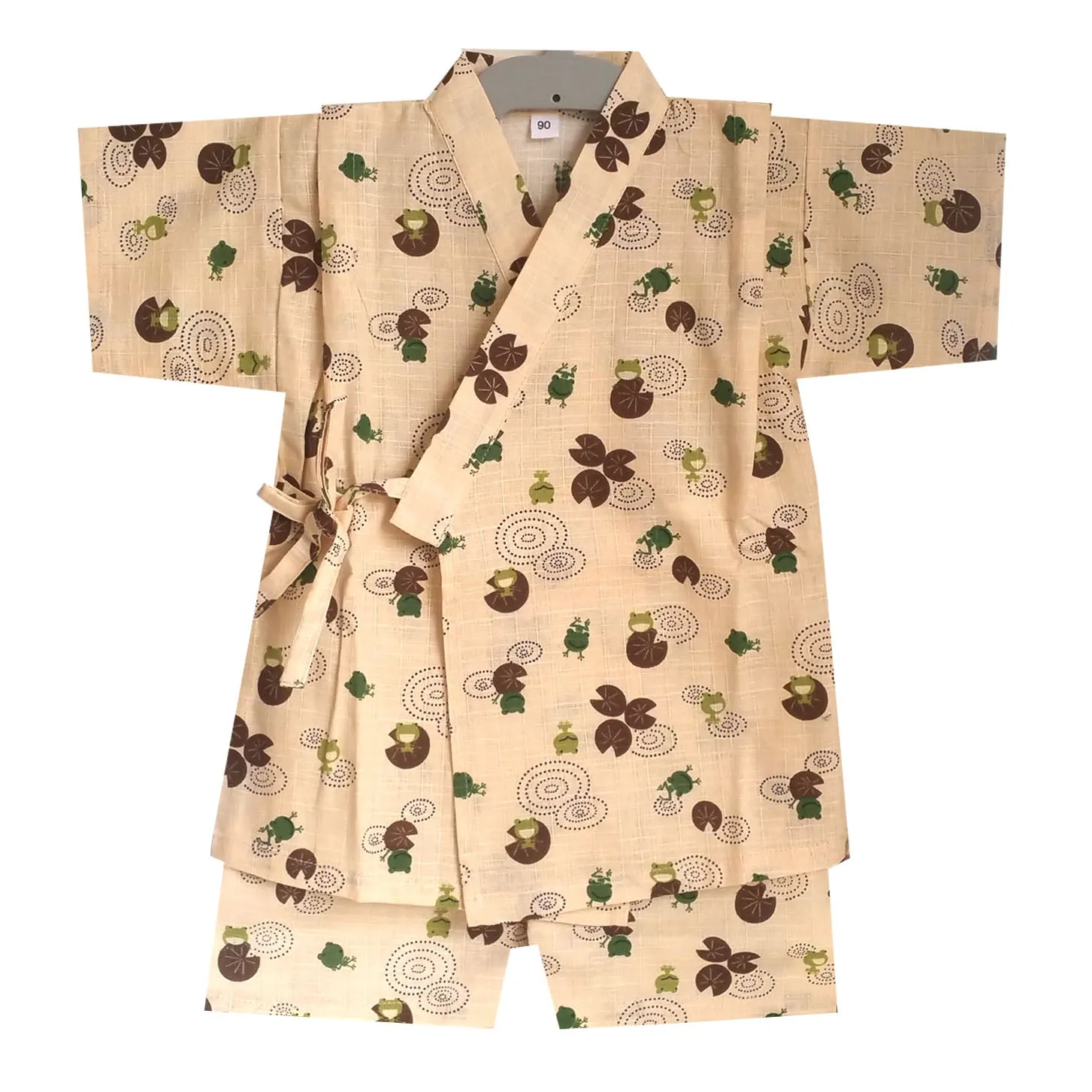 Child's beige cotton yukata with little frog print, short sleeves