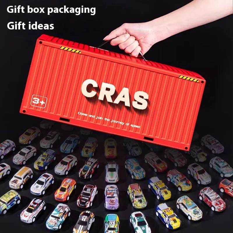 Red gift box containing 48 mixed alloy sliding warrior toy cars for children, each 4x5cm