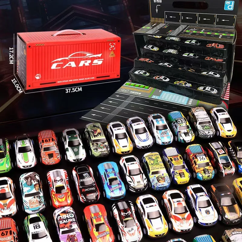 Red gift box containing 48 mixed alloy sliding warrior toy cars for children, each 4x5cm
